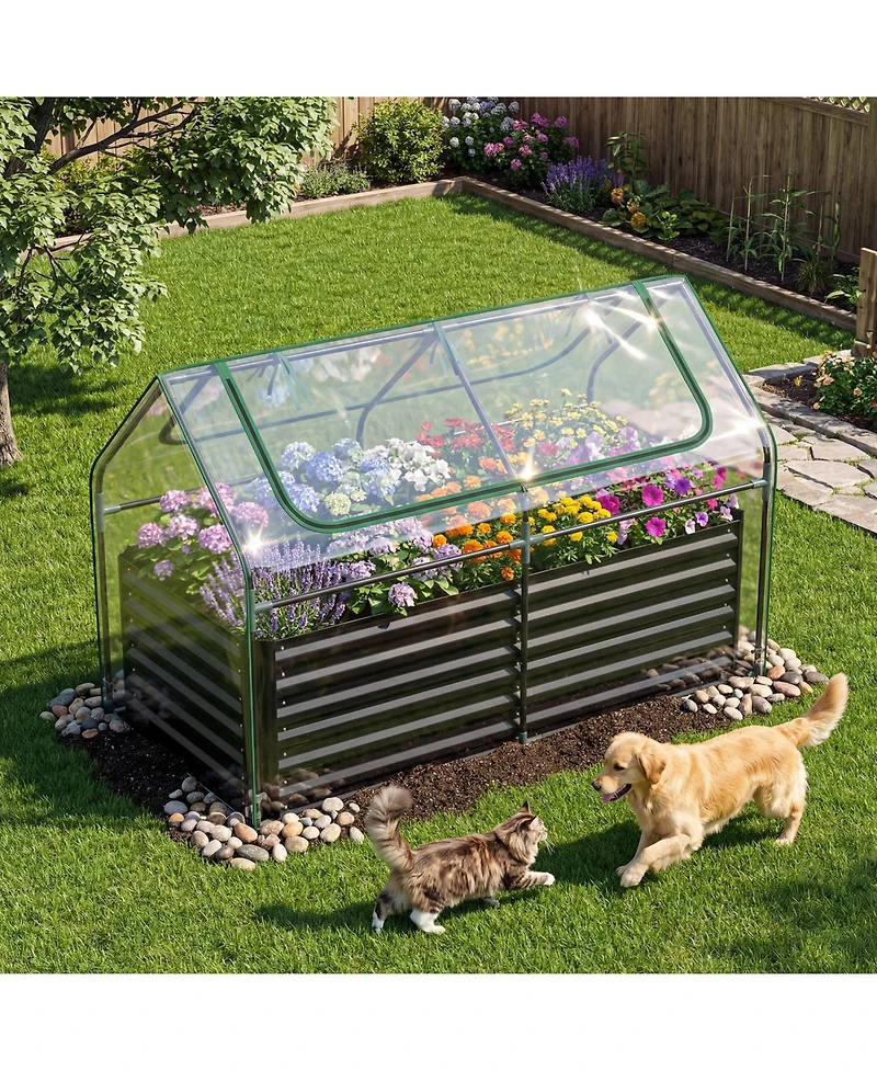 Gymax Galvanized Raised Garden Bed w/ Cover Planter Box Mini Greenhouse Sliver and Clear
