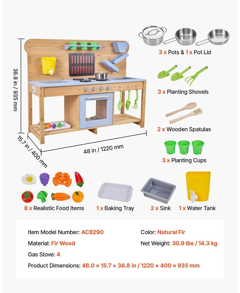 Mecale Wooden Outdoor Mud Kitchen with Double Sinks for Kids, Ages 3