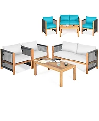 Gouun 4-Piece Outdoor Acacia Wood Patio Conversation Set with Loveseat, 2 Armchairs and Coffee Table
