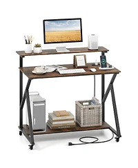 Mecale Rolling Computer Desk with Charging Station and Monitor Shelf, Home Office Storage Desk
