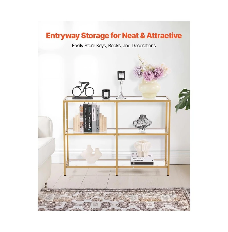 Sugift 3-Tier Glass Console Table Rectangle Sofa Side Table with Anti-Tip Device