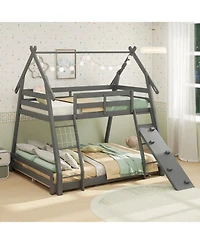 Slickblue Wooden Twin Queen Bunk Bed with Ramp and Climbing Nets