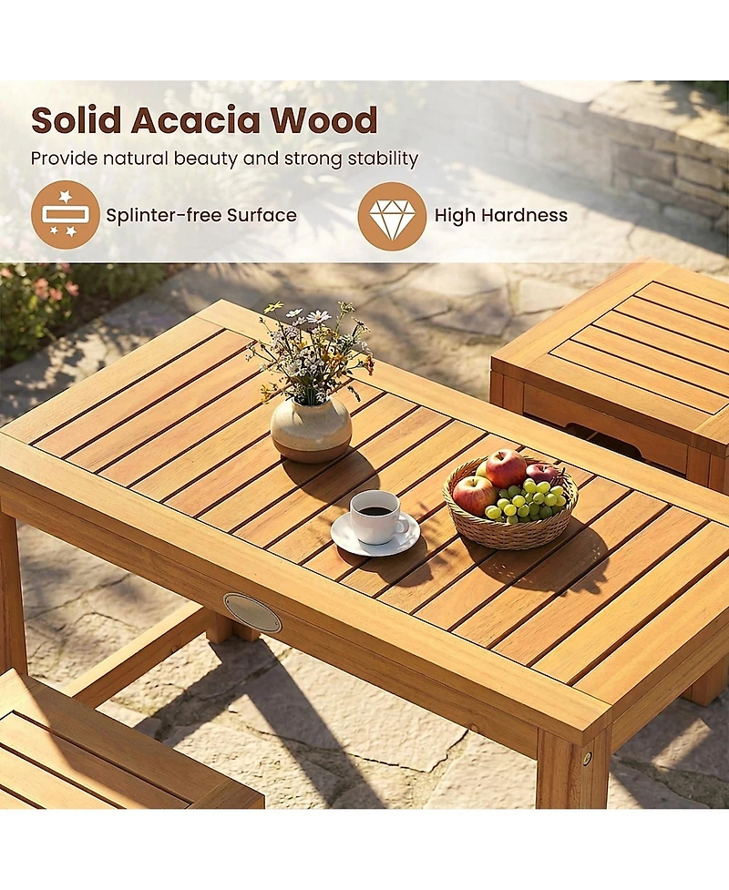 Sugift Acacia Wood Outdoor Coffee Table with Stools Set of 2 3 Pieces Patio Table and Stools Set