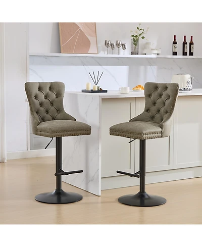 Rainsken Pu Leather Swivel Bar Stools Set of 2, Adjustable Counter Height Chairs with Tufted Design and Nailhead Trim for Kitchen Island, Home Pub