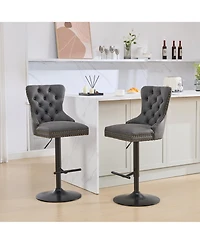 Rainsken Pu Leather Swivel Bar Stools Set of 2, Adjustable Counter Height Chairs with Tufted Design and Nailhead Trim for Kitchen Island, Home Pub