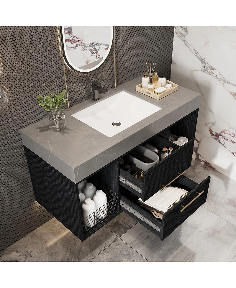 Sillysis Wall Mounted Bathroom Vanity with Faux Marble Top and Ceramic Sink, Open Shelf Plywood Cabinet