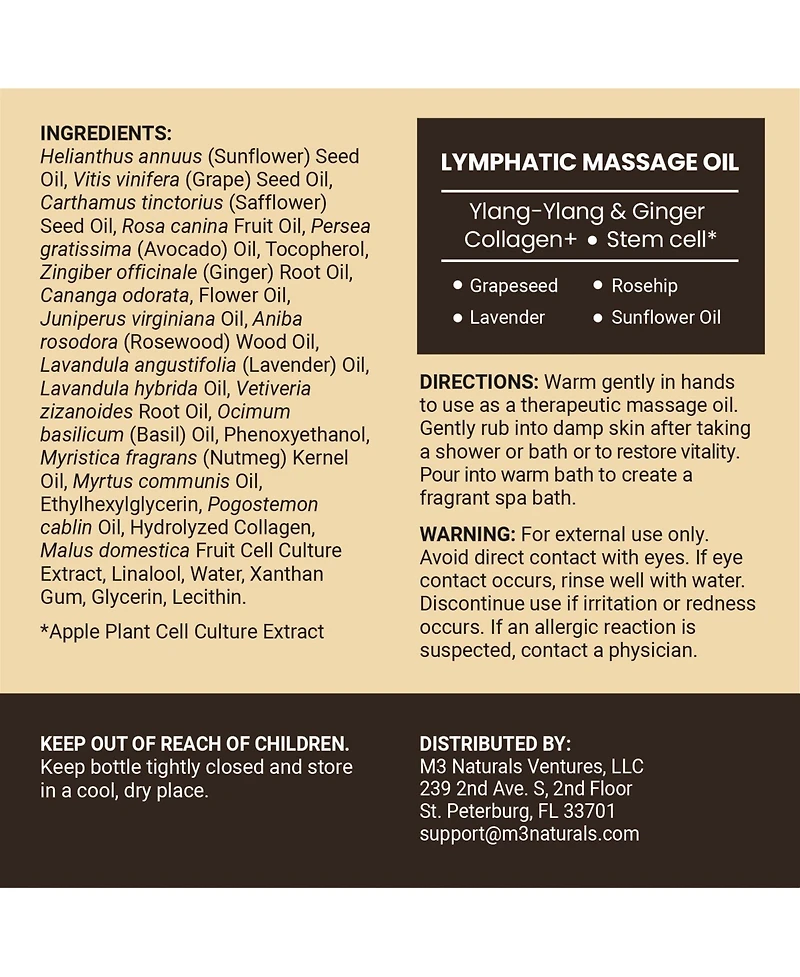M3 Naturals Lymphatic Massage Oil and Roller Kit Ylang Ylang and Ginger 8 Fl Oz