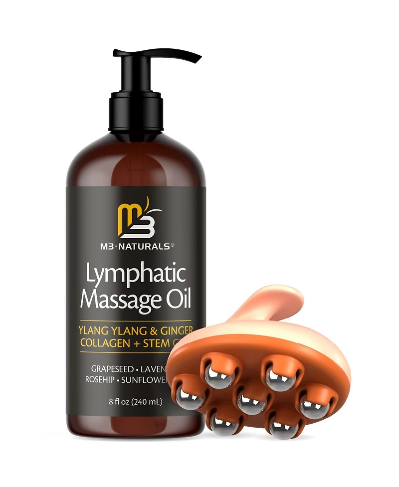 M3 Naturals Lymphatic Massage Oil and Roller Kit Ylang Ylang and Ginger 8 Fl Oz