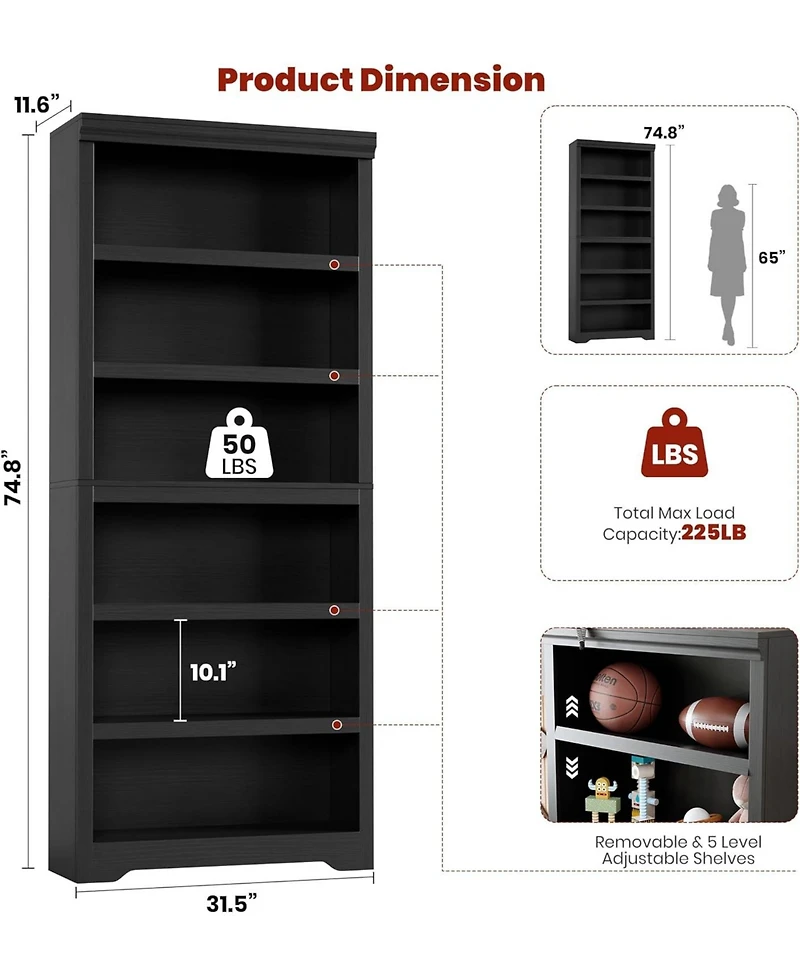 gaomon 6-Tier Farmhouse Bookshelf, 75" Tall Open Bookcase with Adjustable Shelves, 31.5" Wide Storage for Home Office Living Room Bedroom