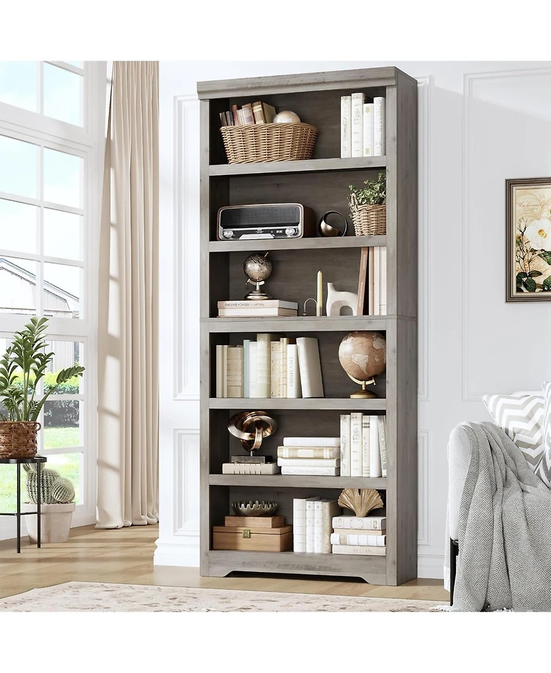 gaomon 6-Tier Farmhouse Bookshelf, 75" Tall Open Bookcase with Adjustable Shelves, 31.5" Wide Storage for Home Office Living Room Bedroom