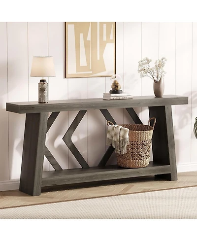 gaomon 70.9 Inch All-Wood Console Table, Ultra-Stable Trapezoid Leg Sofa Table Behind Couch, 2-Tier Extra Long Entryway Table
