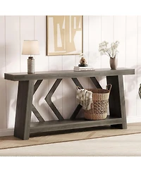 gaomon 70.9 Inch All-Wood Console Table, Ultra-Stable Trapezoid Leg Sofa Table Behind Couch, 2-Tier Extra Long Entryway Table
