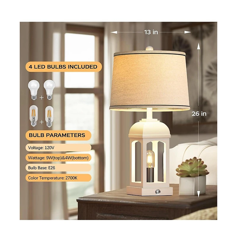 Sofucor 26-inch Table Lamp for Living Room, Farmhouse Lamps Set of 2 with Usb A+C and Nightlight