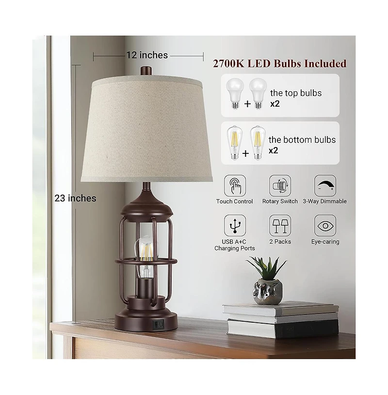 Sofucor 23-inch Table Lamp Set of 2 with Usb Ports, Touch Control 3-Way Dimmable Bedside Lamp with 2 Led Night Light, Farmhouse Rustic Nightstand Lamp