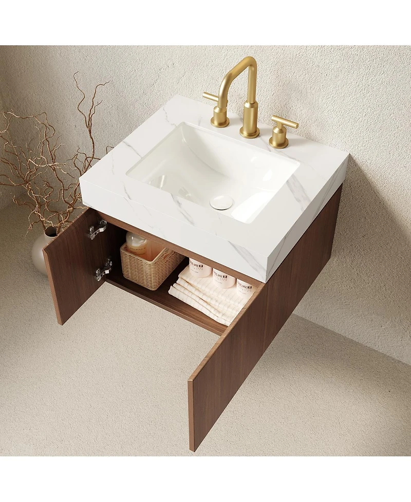 Sillysis Wall Mounted Bathroom Vanity, Carrara Sintered Stone Top, 3-Hole Ceramic Sink, Soft Close Cabinet