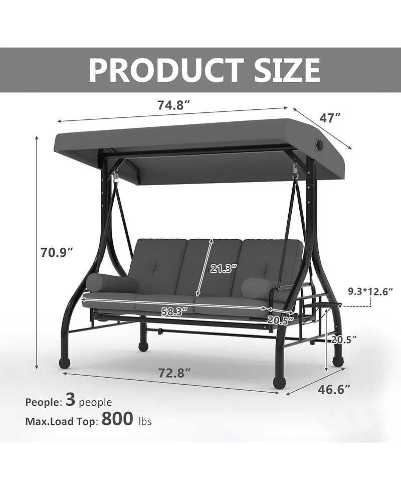 GarveeLife Outdoor Porch Swing with Adjustable Canopy 3 Seat Patio Swing Chair Heavy Duty Outdoor Swing with Cup Holder Tray Cushion and Pillows