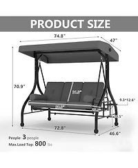 GarveeLife Outdoor Porch Swing with Adjustable Canopy 3 Seat Patio Swing Chair Heavy Duty Outdoor Swing with Cup Holder Tray Cushion and Pillows