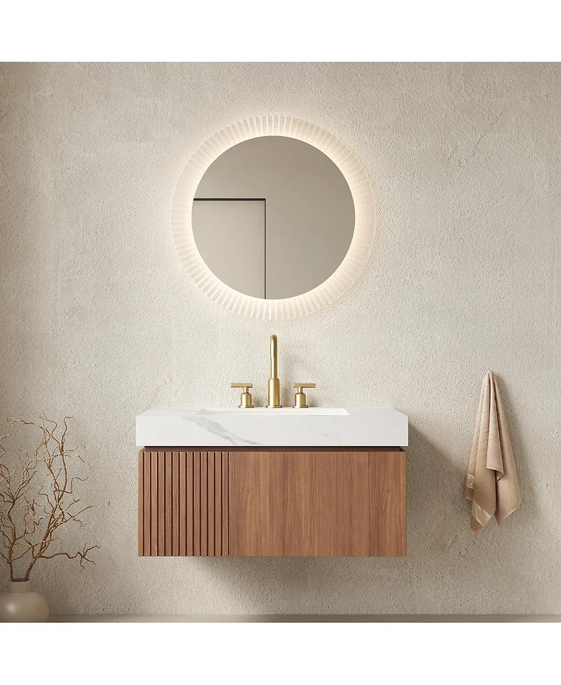 Sillysis Wall Mounted Bathroom Vanity, Carrara Sintered Stone Top, 3-Hole Ceramic Sink, Soft Close Cabinet