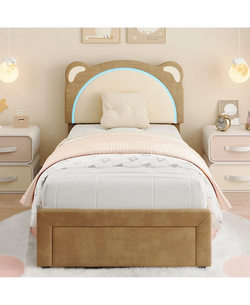 homfan Led Headboard Kids Bed Frame - Adjustable Cute Bear Design, Suede Upholstery, Storage Drawer, Plain Wood Slats, Noise-Free