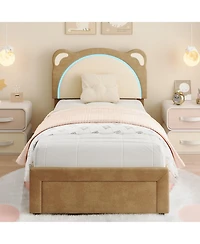 homfan Led Headboard Kids Bed Frame - Adjustable Cute Bear Design, Suede Upholstery, Storage Drawer, Plain Wood Slats, Noise-Free