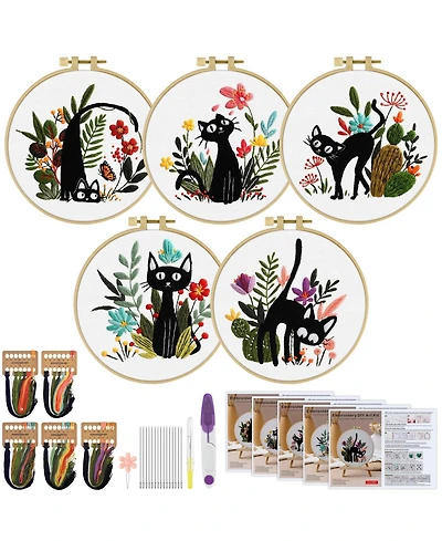 Gnuadz 5 Sets Embroidery Kit Beginners Flower Cross Stitch Cat