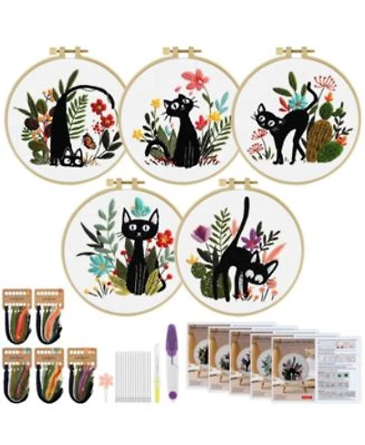 Gnuadz 5 Sets Embroidery Kit Beginners Flower Cross Stitch Cat