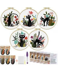 Gnuadz 5 Sets Embroidery Kit Beginners Flower Cross Stitch Cat