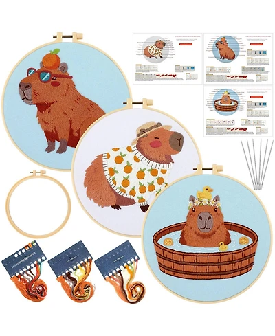 Gnuadz 3 Sets Capybara Embroidery Kit Beginner Needlepoint Hoop Thread Instruction