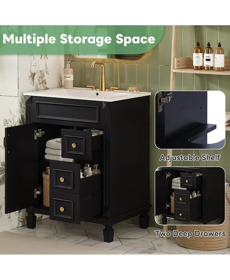 Sillysis 24 Inch French Freestanding Bathroom Vanity with Ceramic Sink, 2 Drawers and Adjustable Shelf for Small Spaces