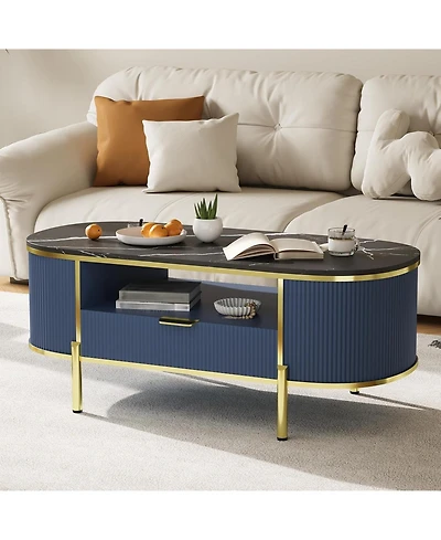 gaomon 48" Oval Coffee Table with Storage, Modern Luxury Coffee Table with Drawer and Faux Marble Top, Fluted Center Table with Curved Profile Design