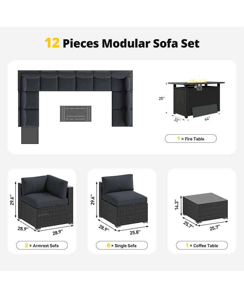 Aoxun 12-Piece Outdoor Black Wicker Patio Conversation Set with 44" Propane Fire Pit Table and Cushions