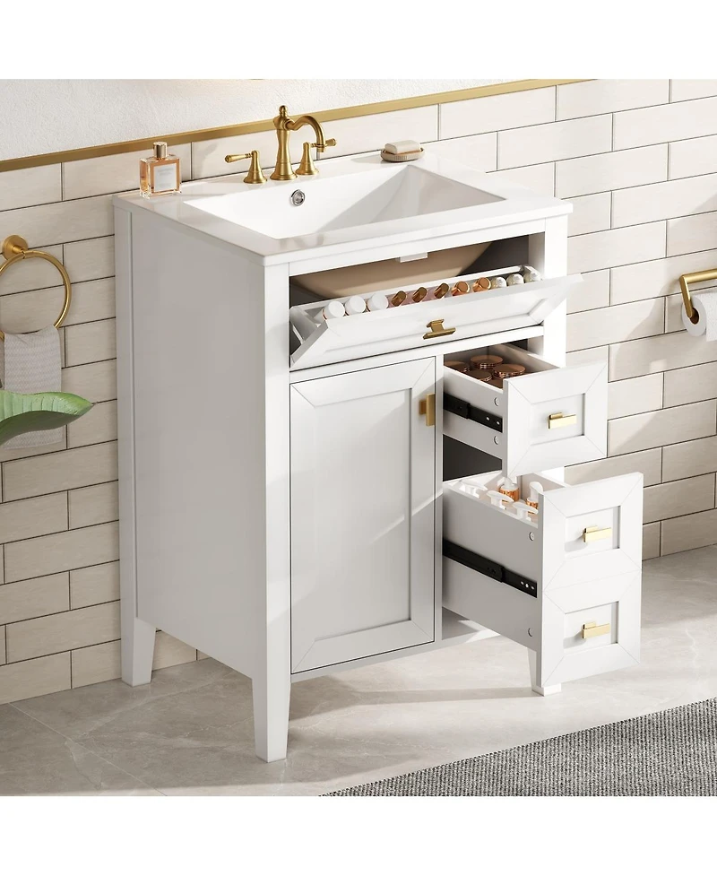Sillysis 24 Inch Modern Black Bathroom Vanity with Ceramic Sink, Ample Drawer Storage, Solid Wood Frame for Small Spaces