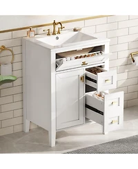 Sillysis 24 Inch Modern Black Bathroom Vanity with Ceramic Sink, Ample Drawer Storage, Solid Wood Frame for Small Spaces
