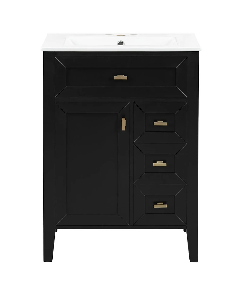 Sillysis 24 Inch Modern Black Bathroom Vanity with Ceramic Sink, Ample Drawer Storage, Solid Wood Frame for Small Spaces