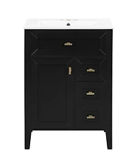 Sillysis 24 Inch Modern Black Bathroom Vanity with Ceramic Sink, Ample Drawer Storage, Solid Wood Frame for Small Spaces