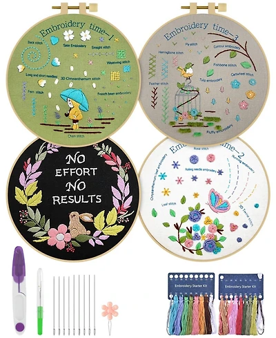 Gnuadz 4 Pack Embroidery Starter Kit Adults Diy Stamped Patterns Hoop Threads Tools Instructions Video Tutorial
