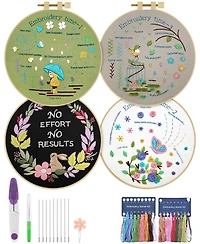Gnuadz 4 Pack Embroidery Starter Kit Adults Diy Stamped Patterns Hoop Threads Tools Instructions Video Tutorial