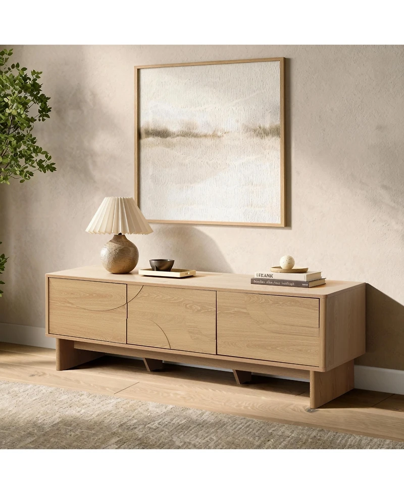 LuxenHome Modern Tv Console with 3 Doors, Geometric Carved Front, Light Wood, Manufactured Wood