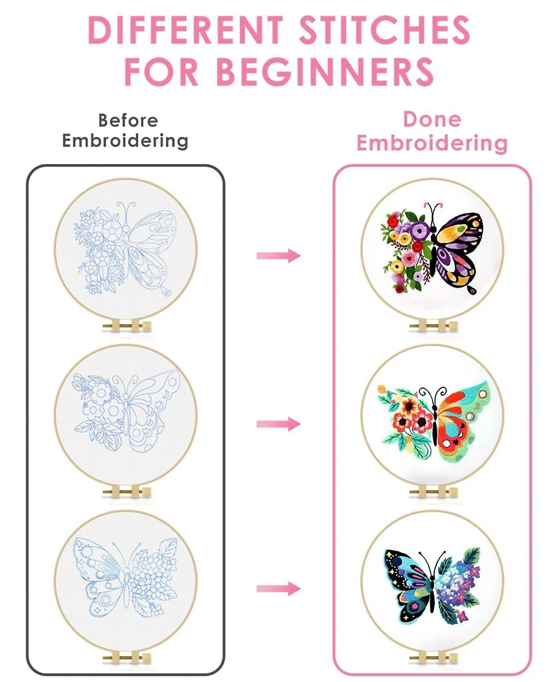 Gnuadz 3 Sets Embroidery Kit Butterfly Flower Beginner Hoop Thread