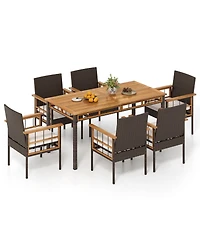 Sugift 7-Piece Pe Wicker and Acacia Wood Patio Dining Set