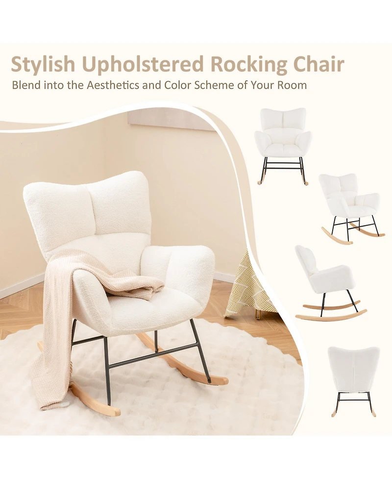 Gouun Nursery Rocking Chair with Teddy Fleece Upholstery and Rubber Wood Base
