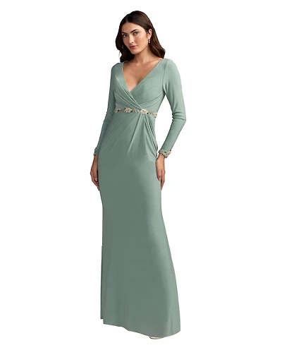 Mac Duggal Women's Jersey Long Sleeve V-Neck Gown With Beaded Belt