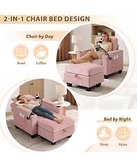Rainsken Convertible Chaise Lounge Chair with Matching Storage Ottoman, Sleeper Bed with Usb Port and Phone Stand for Home Living Room