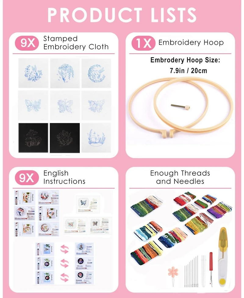 Gnuadz 9 Sets Embroidery Kit Beginner Hummingbird Butterfly Mushroom Flower Hoop Threads Techniques