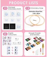 Gnuadz 9 Sets Embroidery Kit Beginner Hummingbird Butterfly Mushroom Flower Hoop Threads Techniques