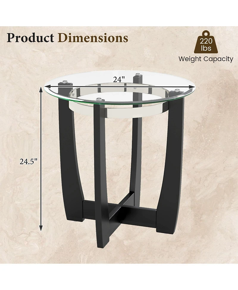 Slickblue Modern Round End Table with Glass Top and Rubber Wood Base, Accent Side