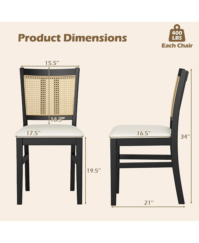 Slickblue Farmhouse Cane Back Dining Chairs Set of 2 with Rubber Wood Frame