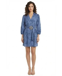 London Times Petite Belted Embroidered Collared Shirt Dress