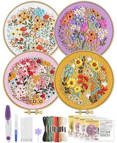 Gnuadz 4 Sets Embroidery Kit Beginners Hummingbird Flower Cross Cloth Hoops Threads