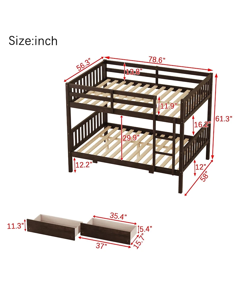 Sailvan full Over Rubber Wood Bunk Bed with 2 Drawers, Convertible into Beds Ladder